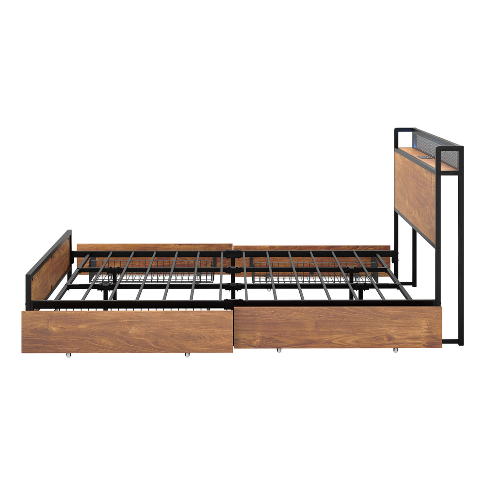 King Size Metal Bed Frame LED Headboard 4 Storage Drawers USB