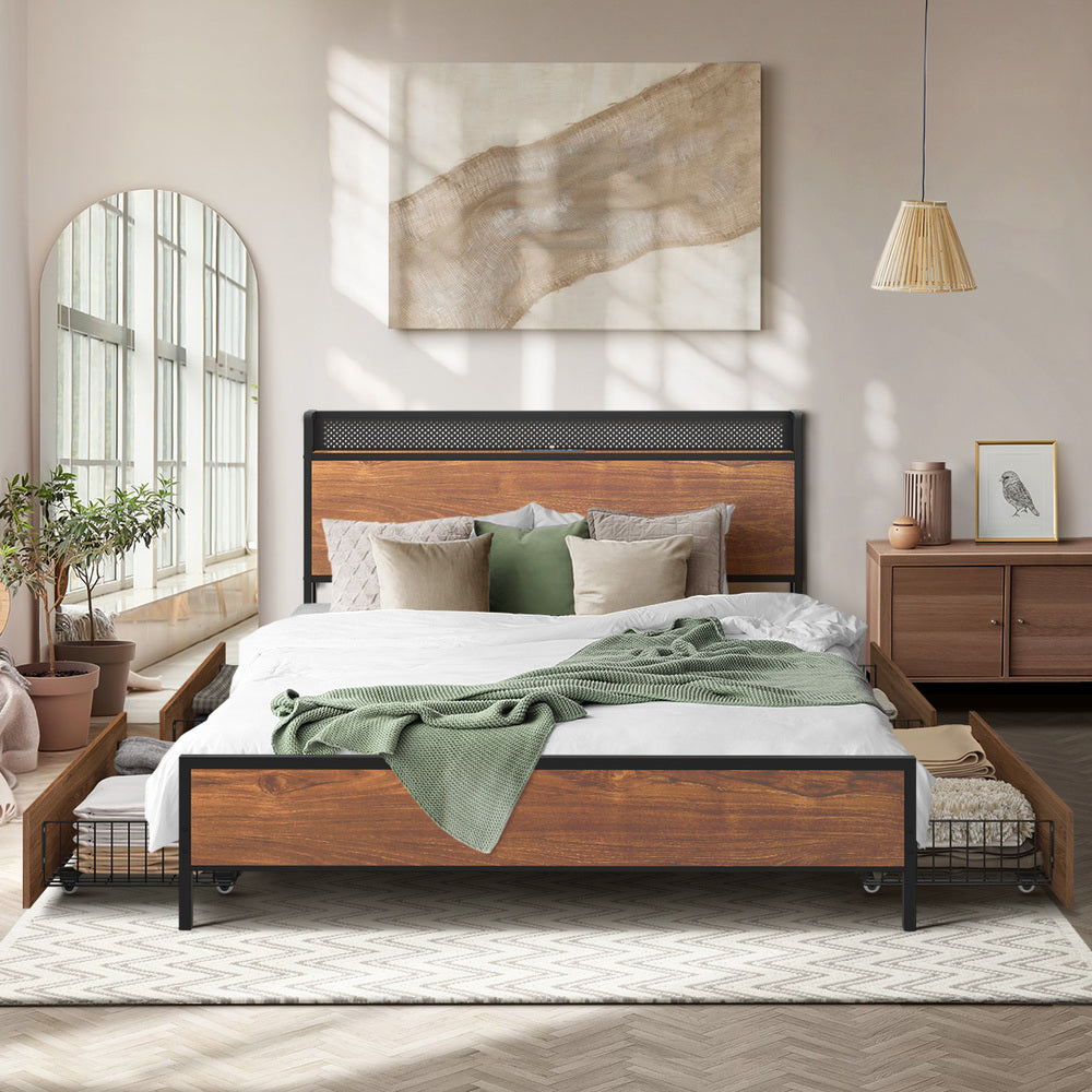 King Size Metal Bed Frame LED Headboard 4 Storage Drawers USB