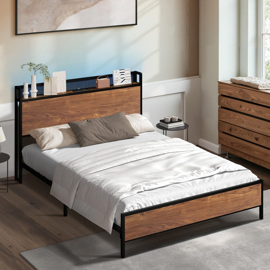 Metal Bed Frame King LED Light USB Charge Storage Headboard