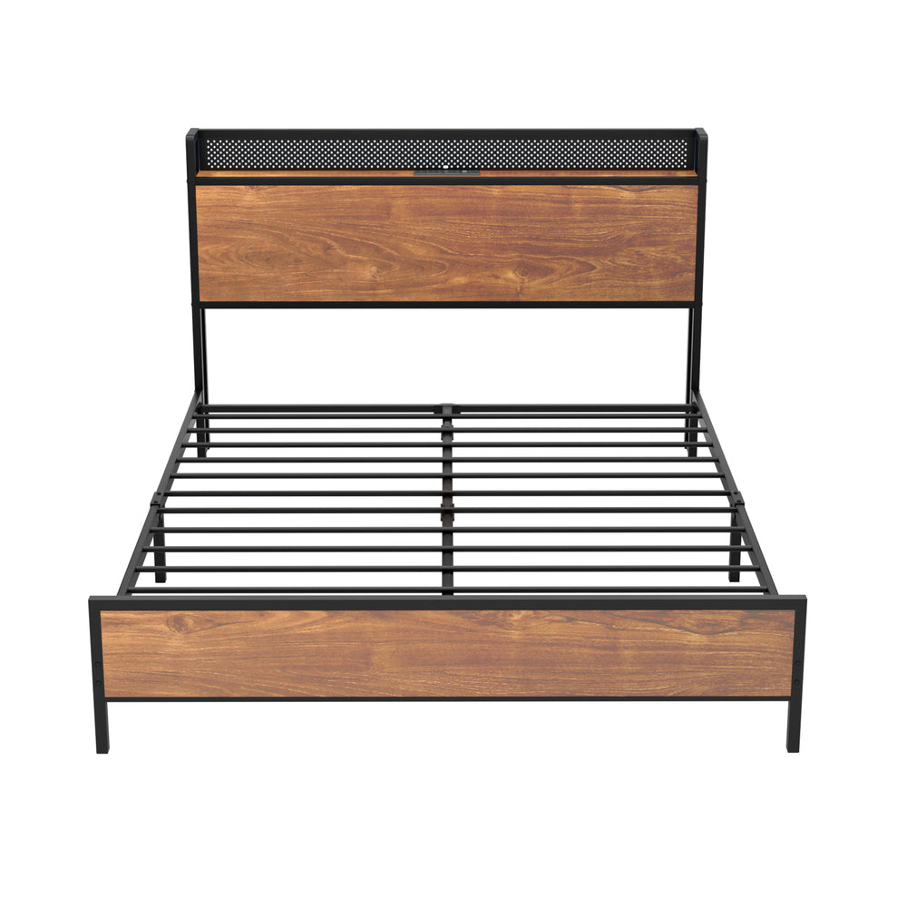 Metal Bed Frame King LED Light USB Charge Storage Headboard