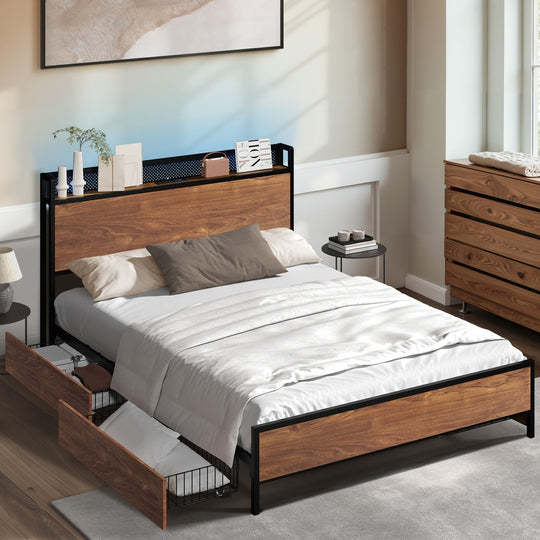 Metal Bed Frame Queen LED Headboard 4 Storage Drawers USB