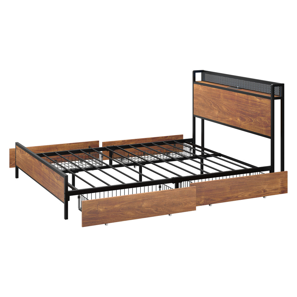 Stylish Metal Bed Frame with LED Headboard USB Ports and 4 Storage Drawers Queen