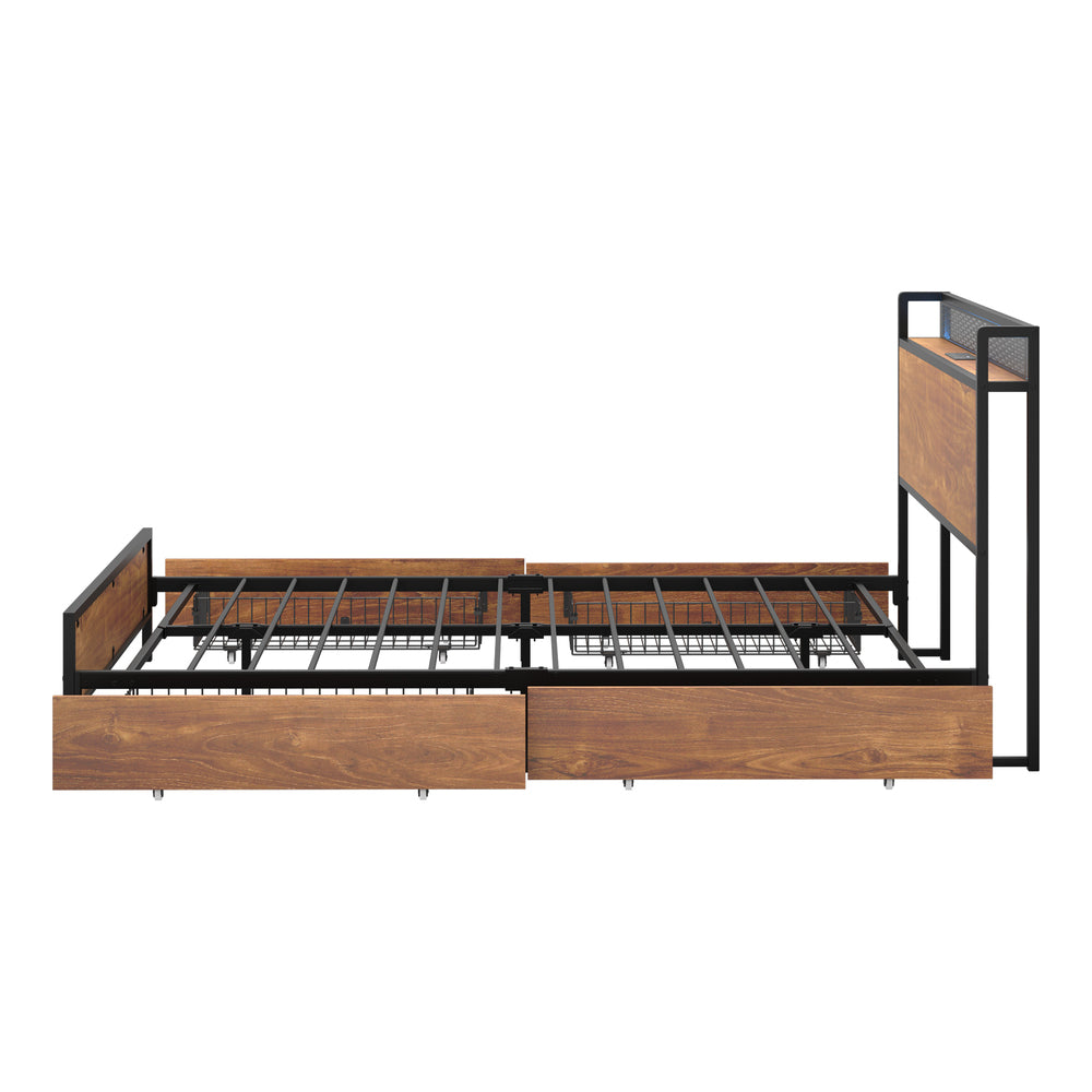 Stylish Metal Bed Frame with LED Headboard USB Ports and 4 Storage Drawers Queen
