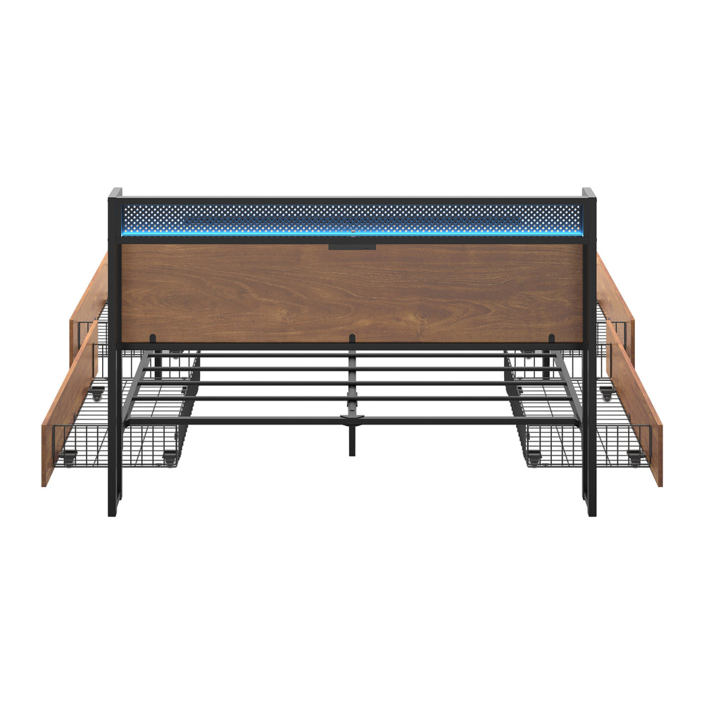 Stylish Metal Bed Frame with LED Headboard USB Ports and 4 Storage Drawers Queen