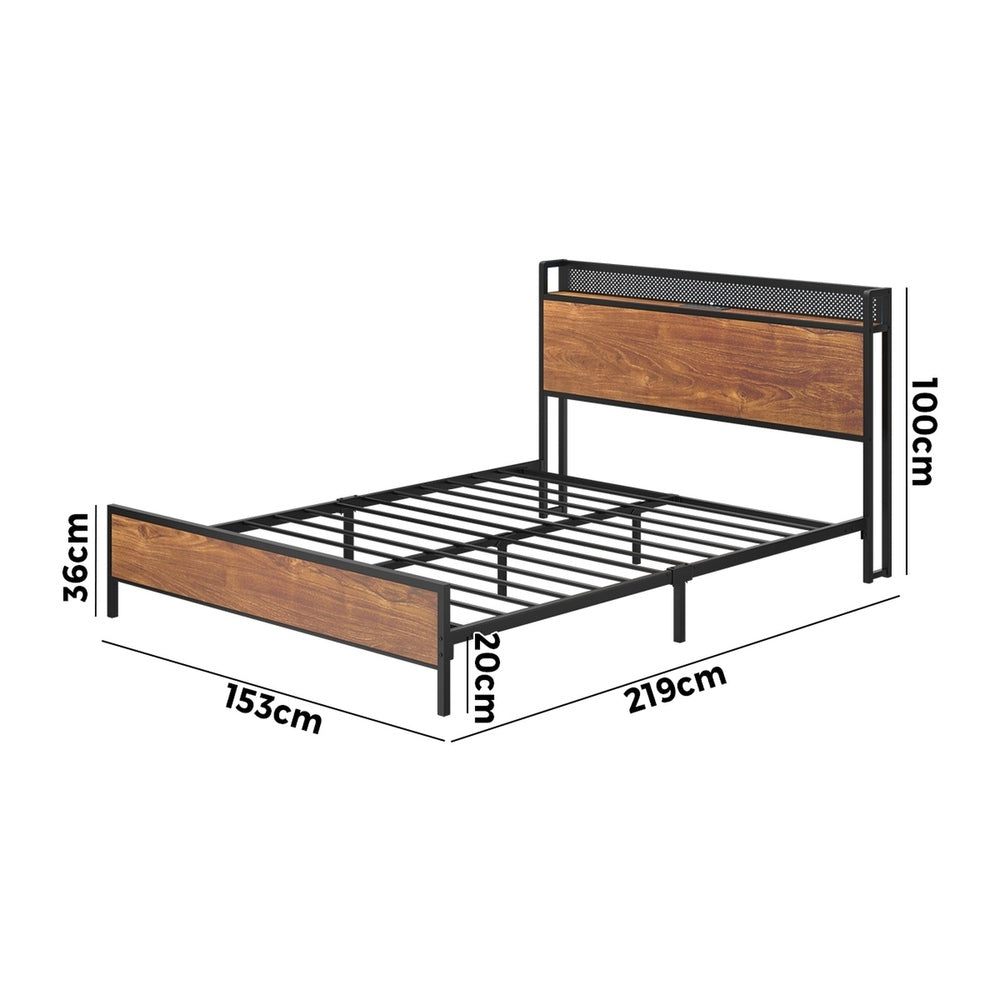 LED USB Charge Storage Headboard Metal Bed Frame-Queen Size