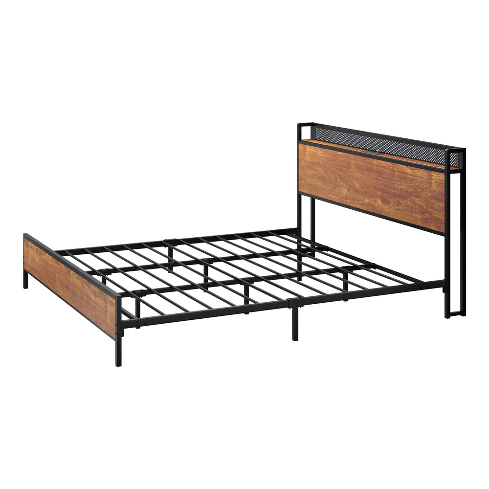 LED USB Charge Storage Headboard Metal Bed Frame-Queen Size