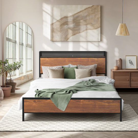 Metal Bed Frame Queen LED Light USB Charge Storage Headboard