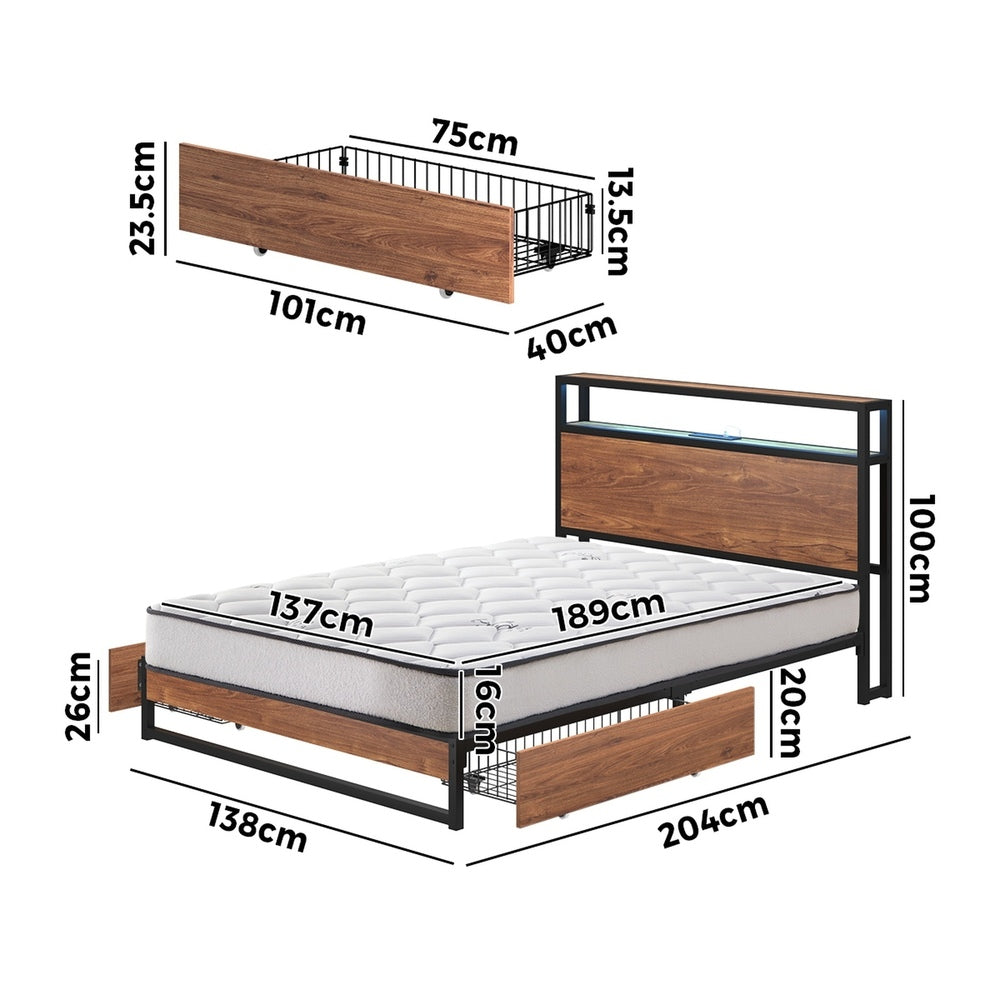 Double LED Bed Frame Storage Drawers USB | Simpledeals