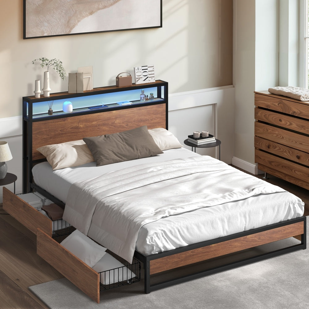 Double Bed Frame LED Headboard Storage Drawers | Simpledeals