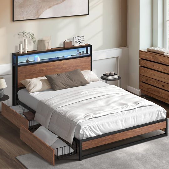 Double Bed Frame LED Headboard Storage Drawers, Double