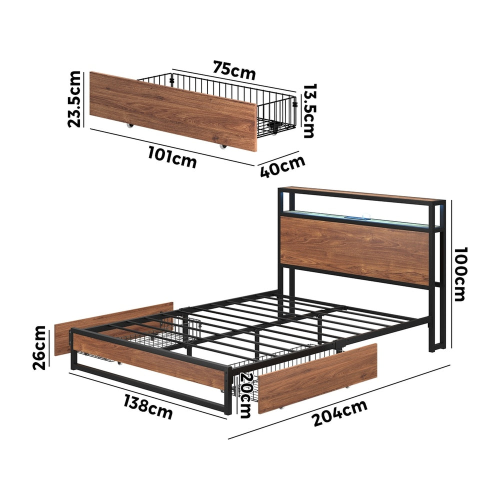 Double Bed Frame LED Headboard Storage Drawers | Simpledeals