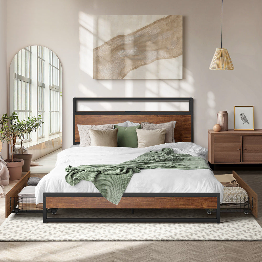 Double Bed Frame LED Headboard Storage Drawers | Simpledeals