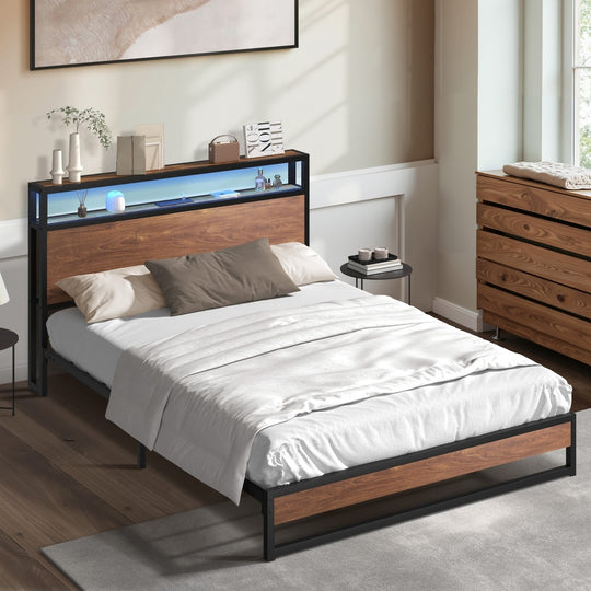 Metal Bed Frame Double LED Light Storage Headboard USB Charge