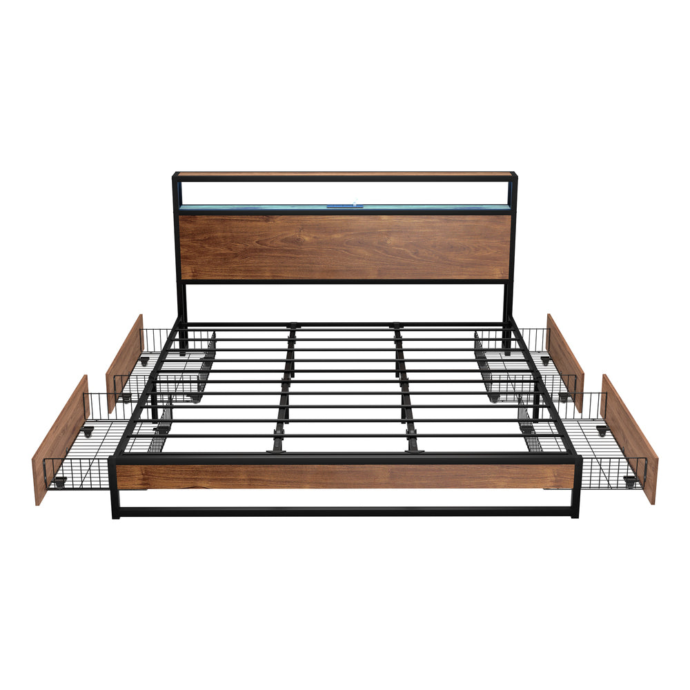 Metal Bed Frame LED Storage Headboard USB Charging
