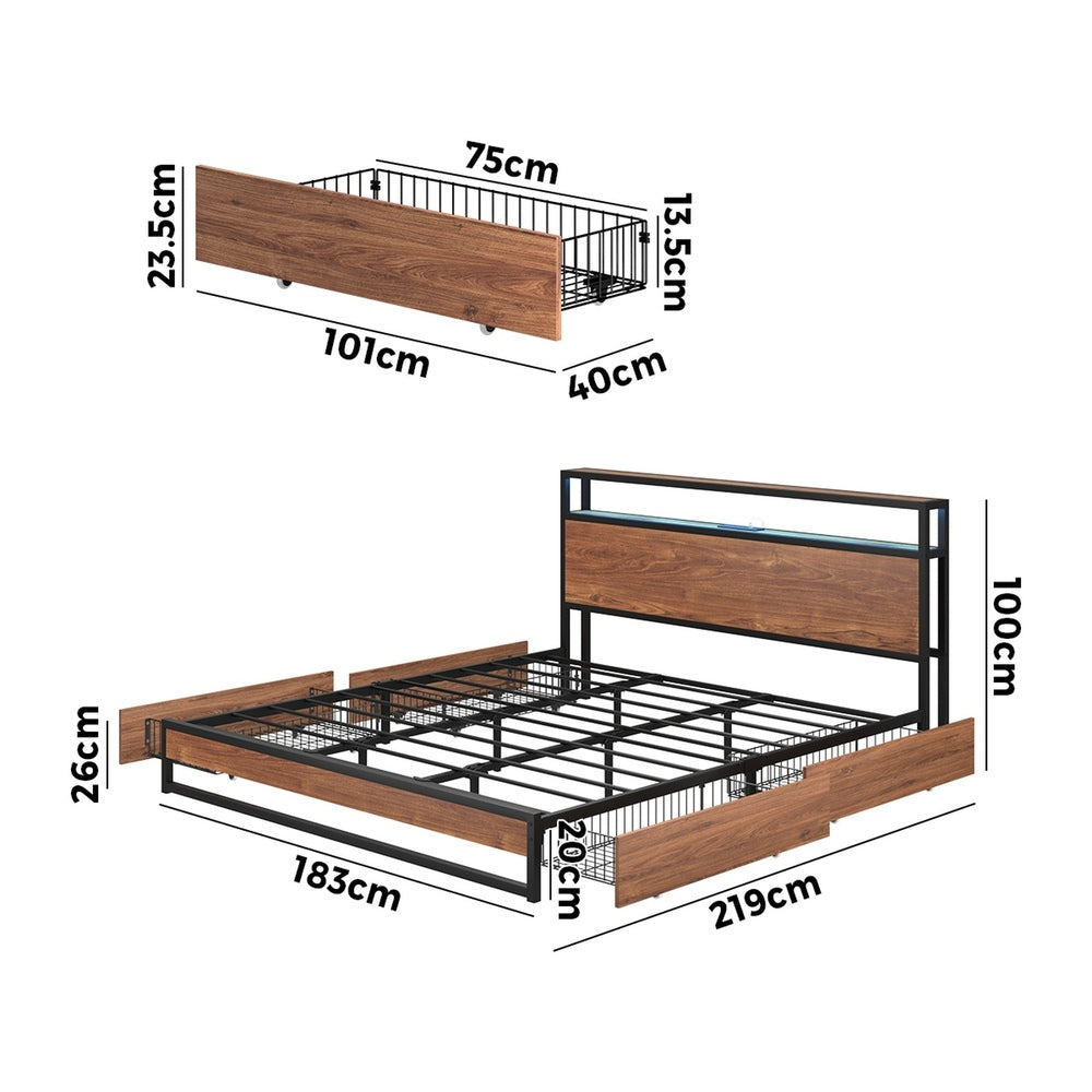 Metal Bed Frame LED Storage Headboard USB Charging
