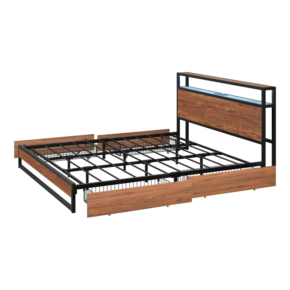 Metal Bed Frame LED Storage Headboard USB Charging