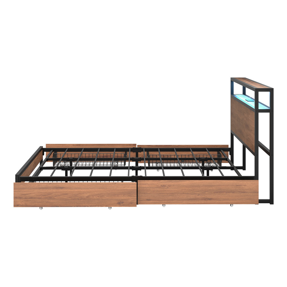 Metal Bed Frame LED Storage Headboard USB Charging