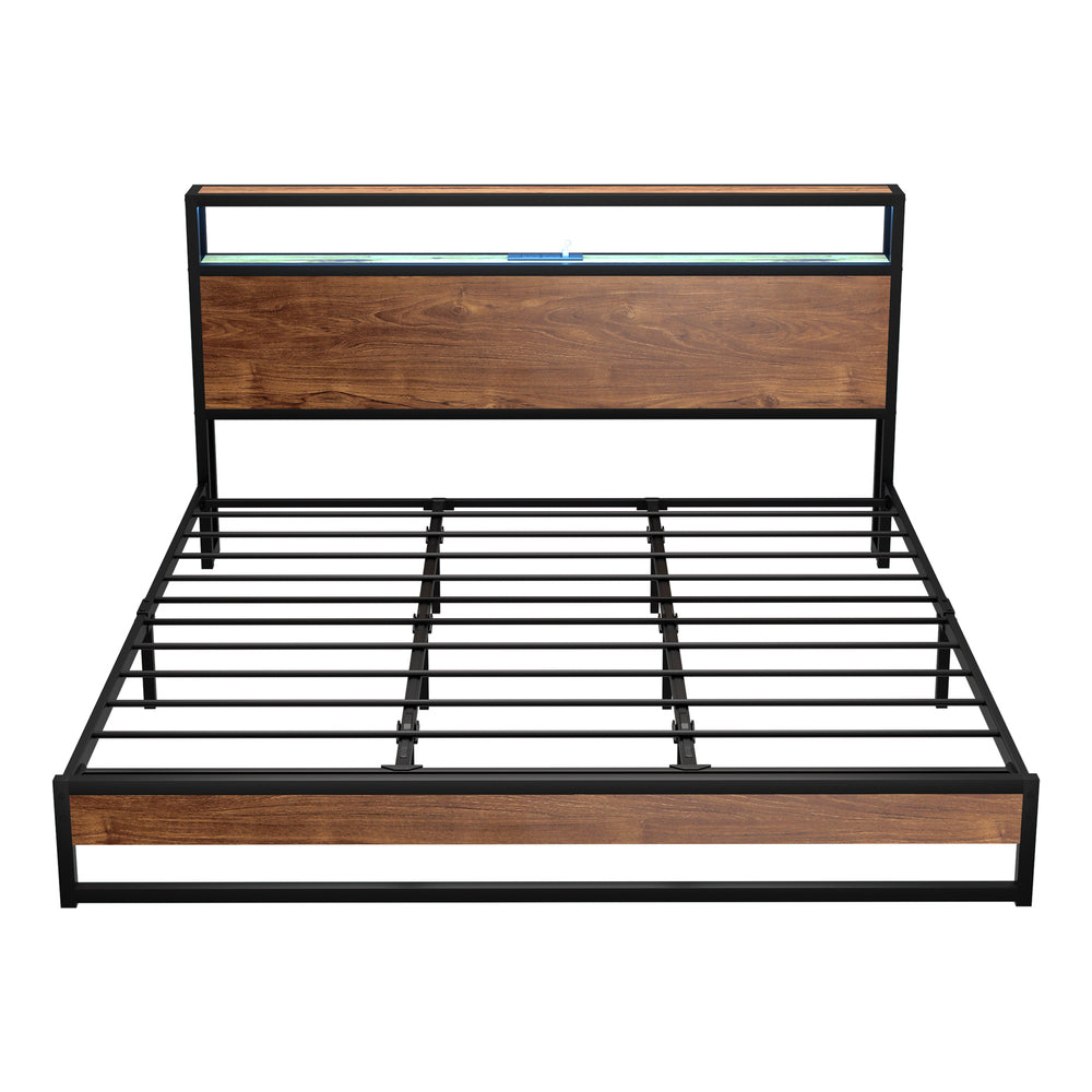 LED Metal Bed Frame Storage Headboard USB Charger Double King Queen Size