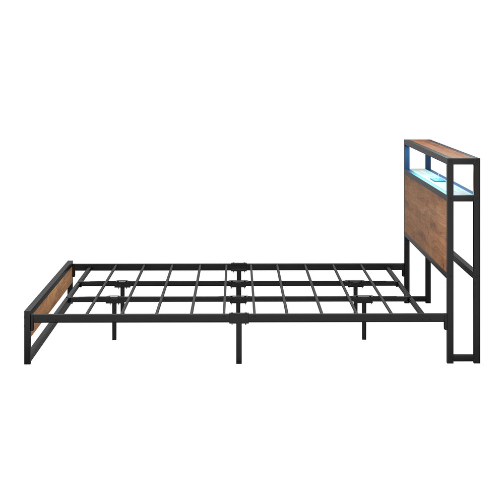 LED Metal Bed Frame Storage Headboard USB Charger Double King Queen Size