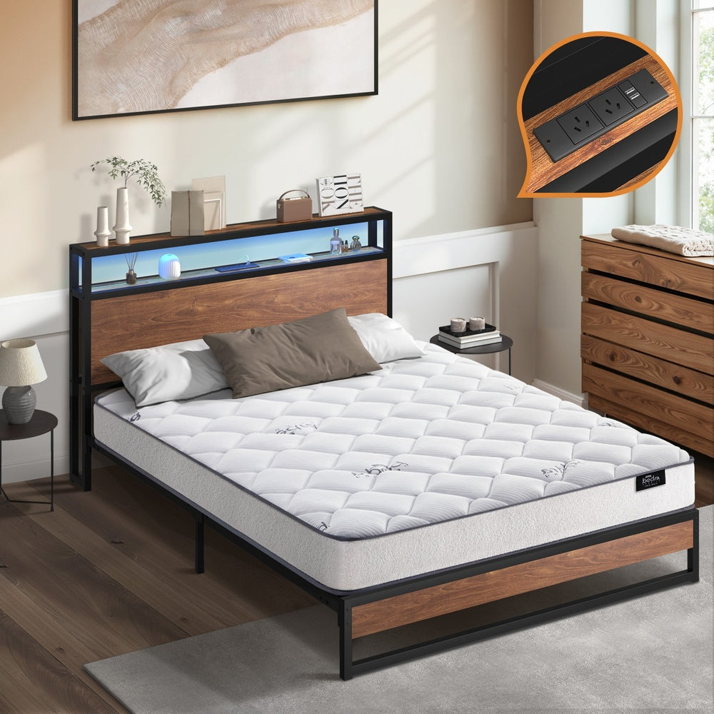 Metal Bed Frame Double Size LED Storage USB with Mattress