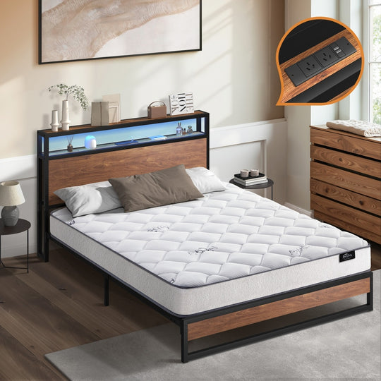 Metal Bed Frame Double Size LED Storage USB with Mattress