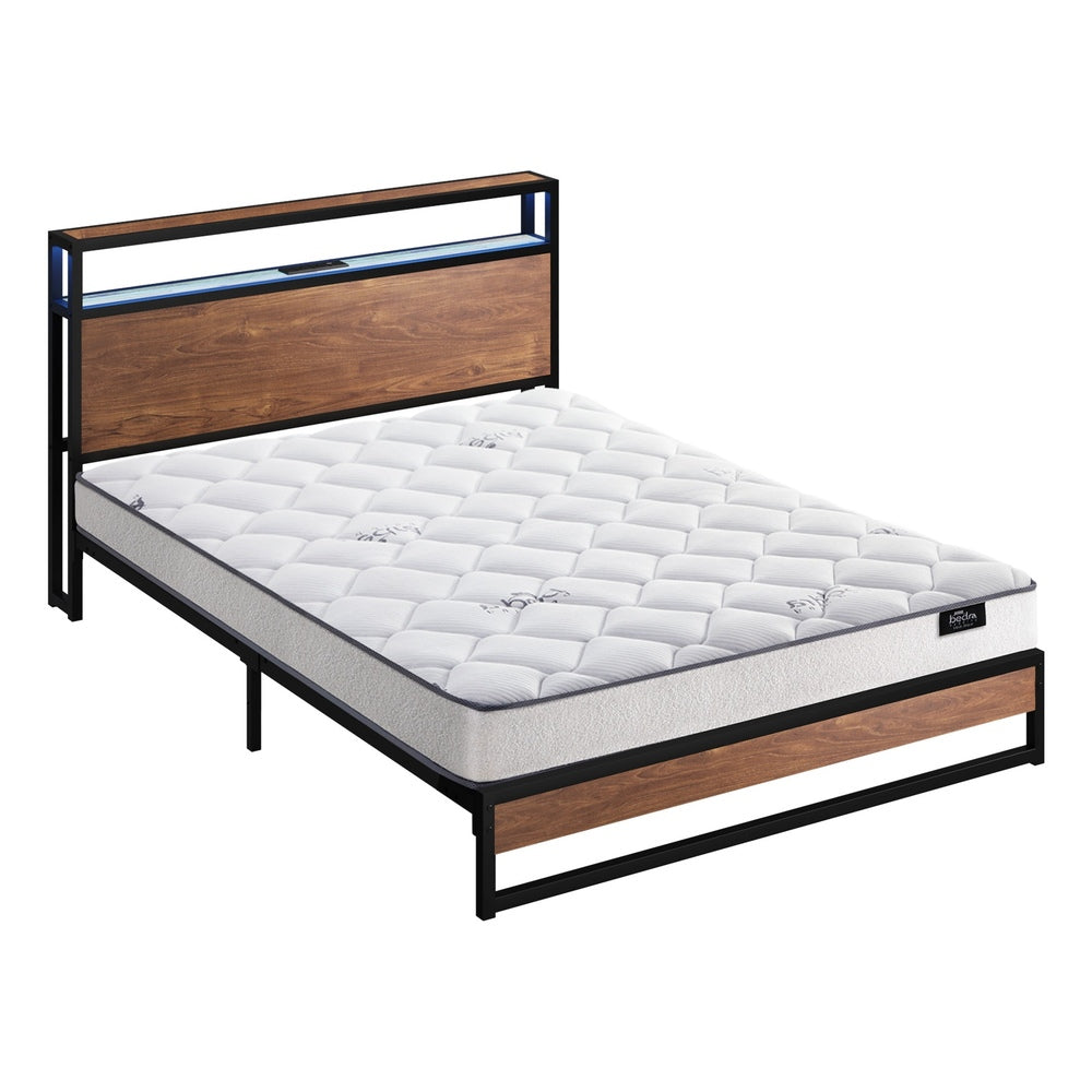 Metal Bed Frame Double Size LED Storage USB with Mattress
