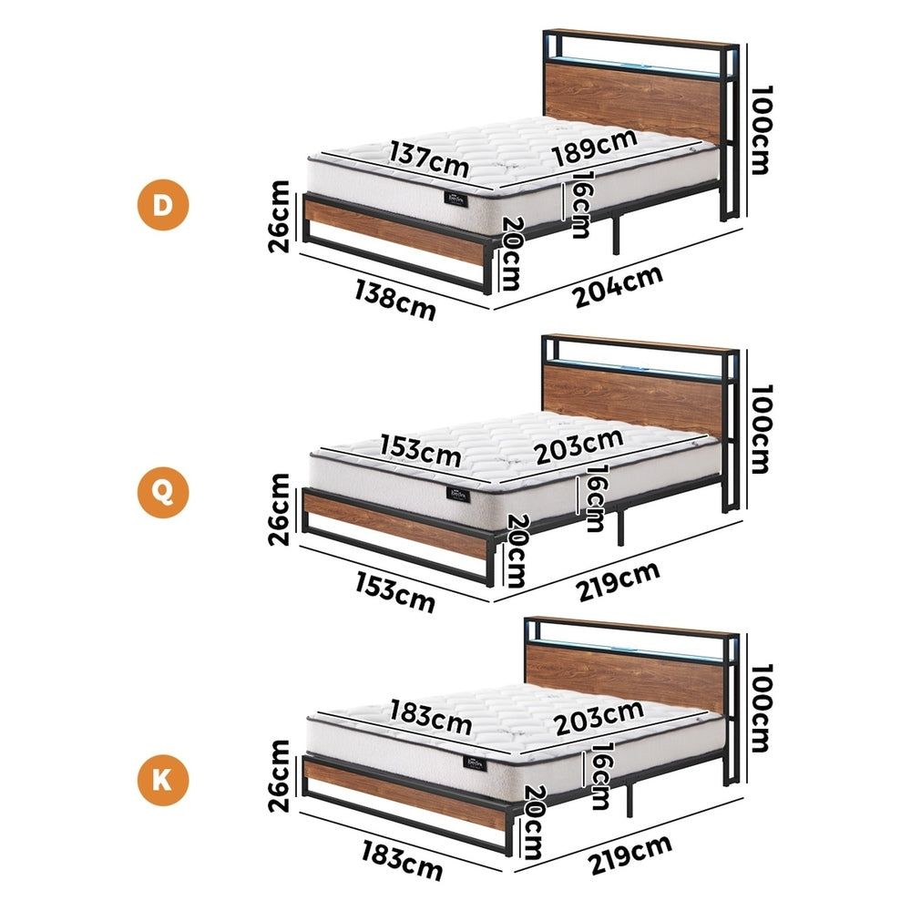 Metal Bed Frame Double Size LED Storage USB with Mattress