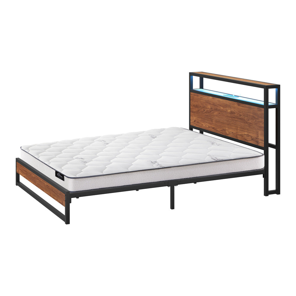 Metal Bed Frame Double Size LED Storage USB with Mattress
