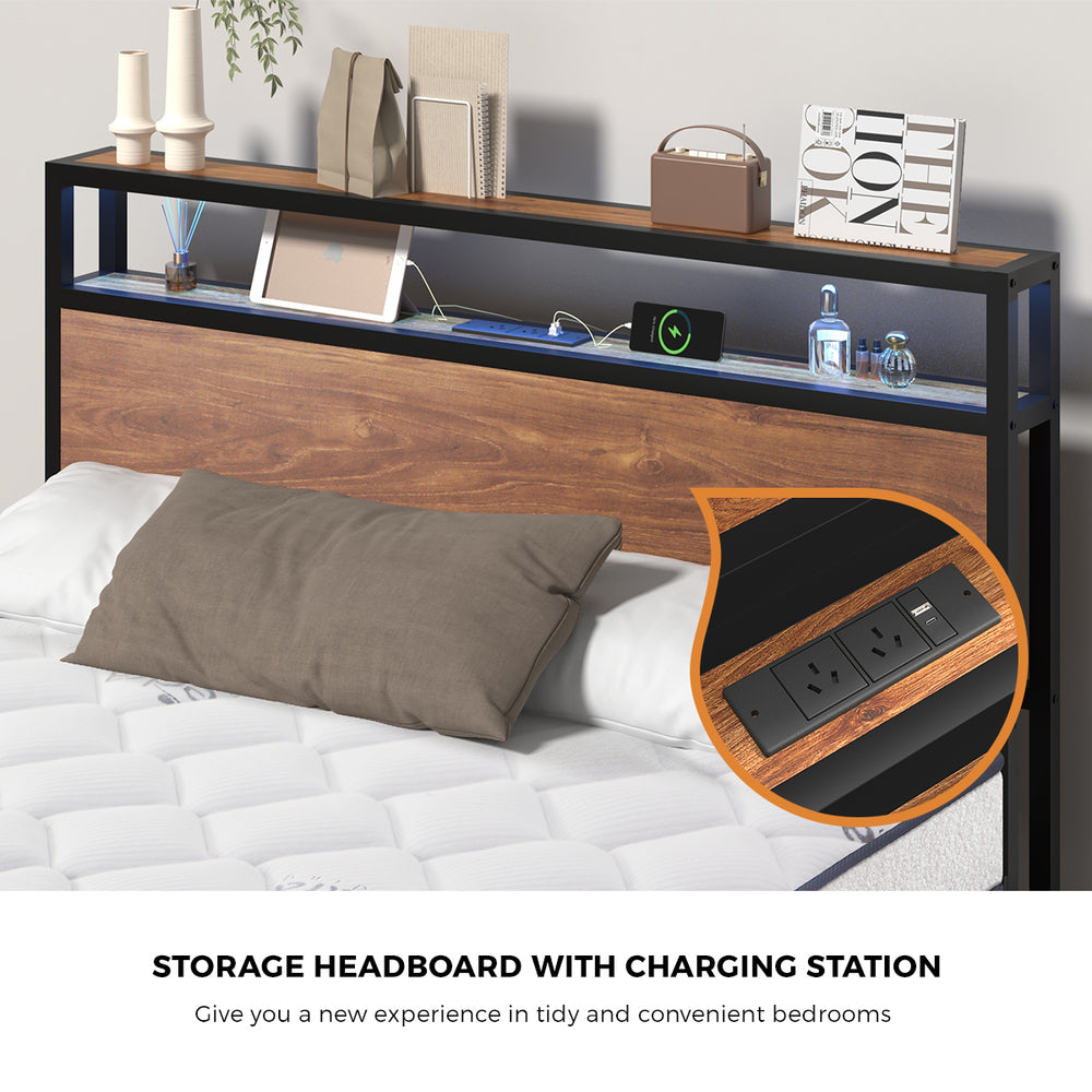 Metal Bed Frame Double Size LED Storage USB with Mattress