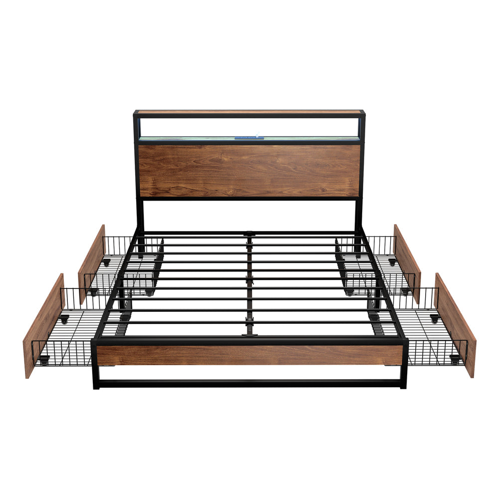 Metal Bed Frame LED Storage Headboard USB Charging