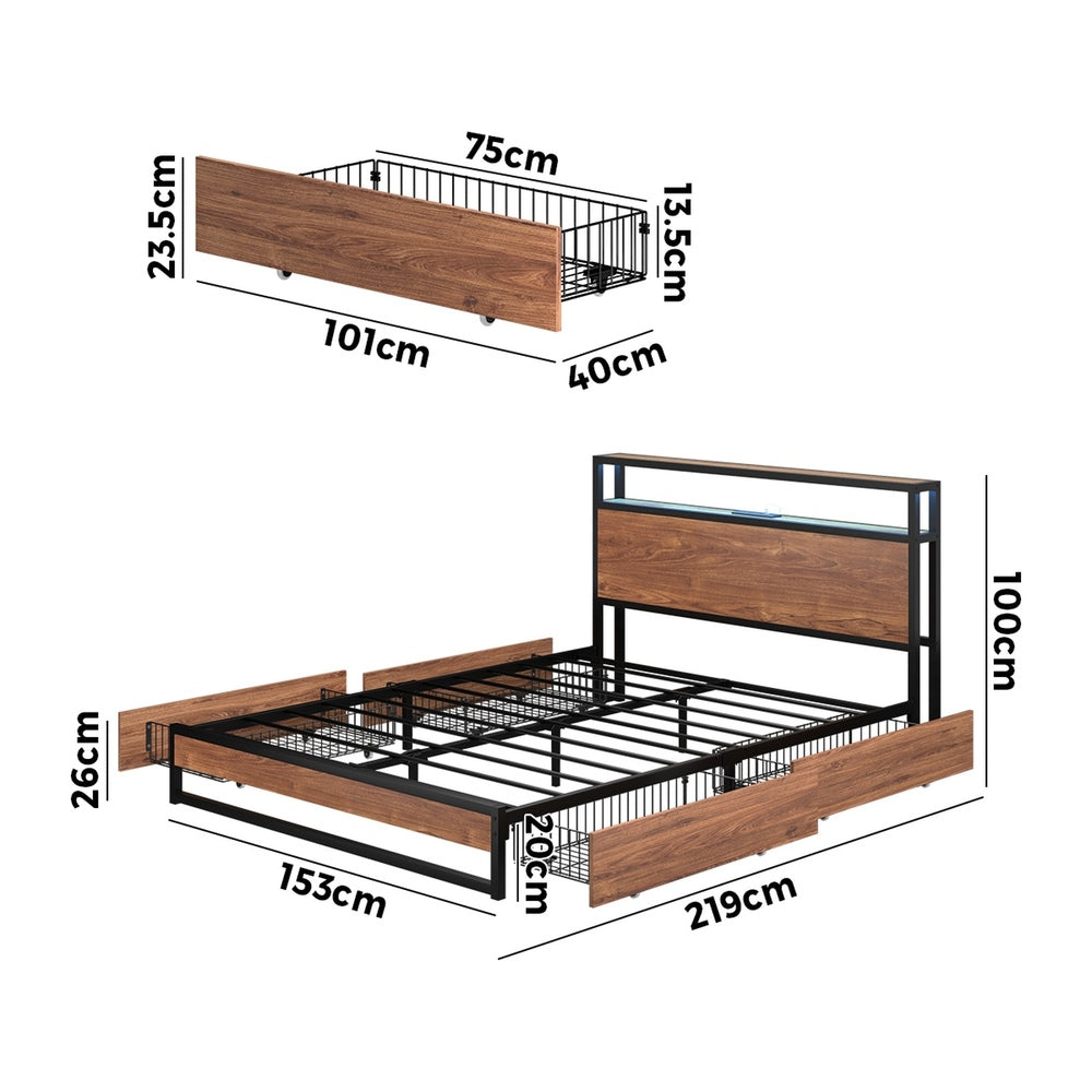 Metal Bed Frame LED Storage Headboard USB Charging