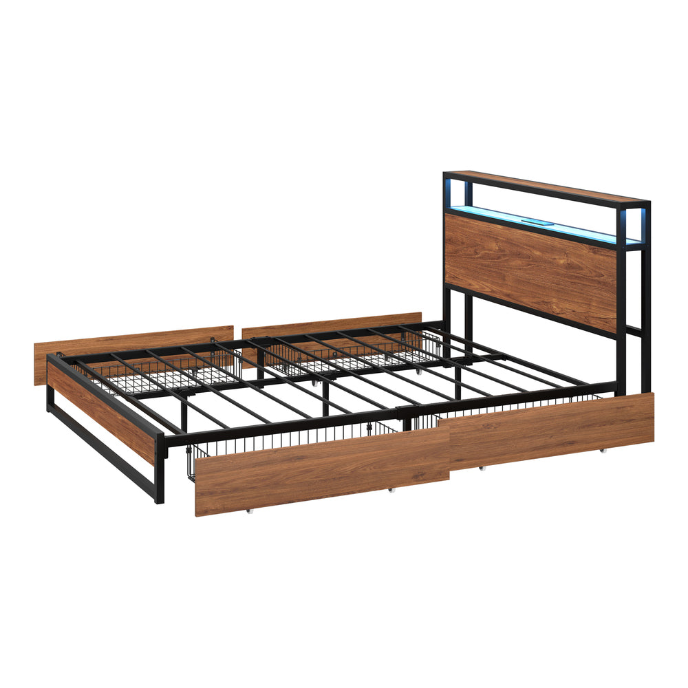 Metal Bed Frame LED Storage Headboard USB Charging