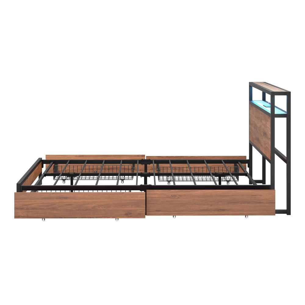 Metal Bed Frame LED Storage Headboard USB Charging