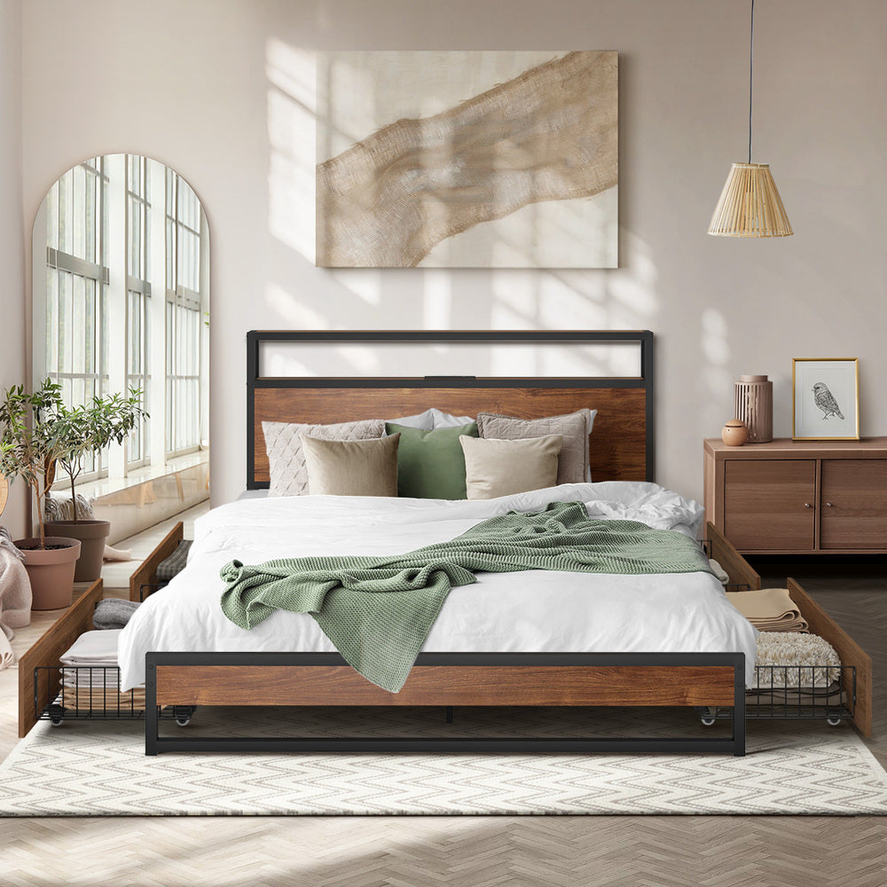 Metal Bed Frame LED Storage Headboard USB Charging