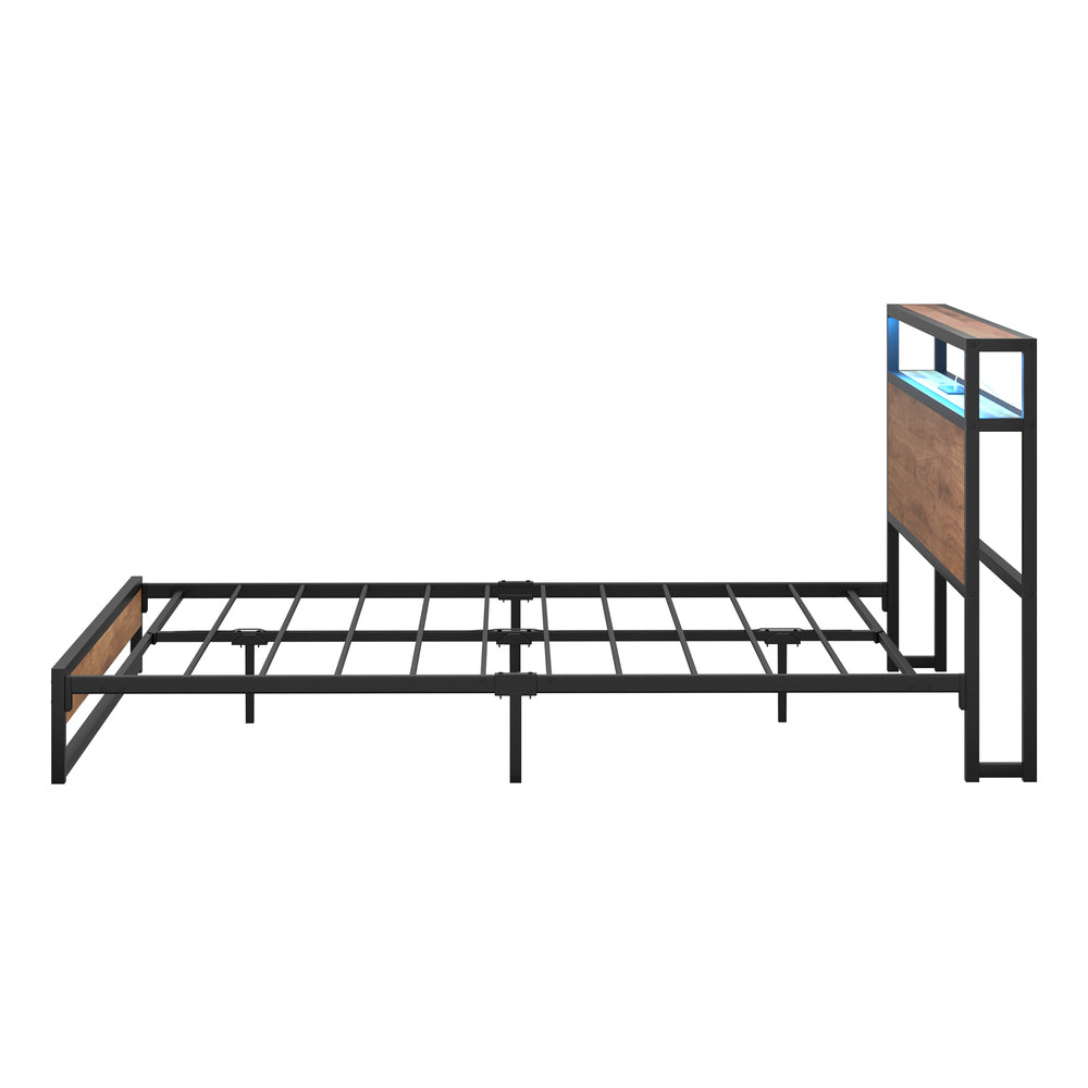 LED Metal Bed Frame Storage Headboard USB Charger Double King Queen Size