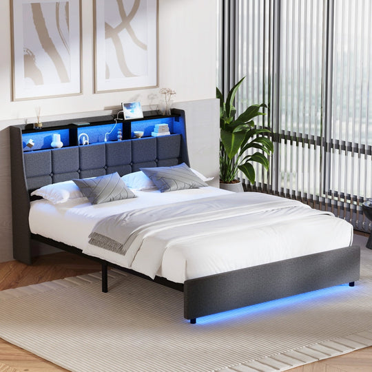 Bed Frame With LED Storage Headboard USB Charging Ports