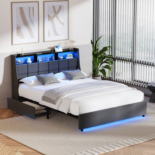 Bed Frame With Headboard RGB LED Lights USB Charging Drawer