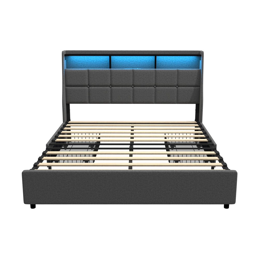 Double/King/Queen Bed Frame With Headboard RGB LED Lights USB Charging Drawer