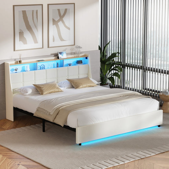King Bed Frame with LED Storage Headboard Beige
