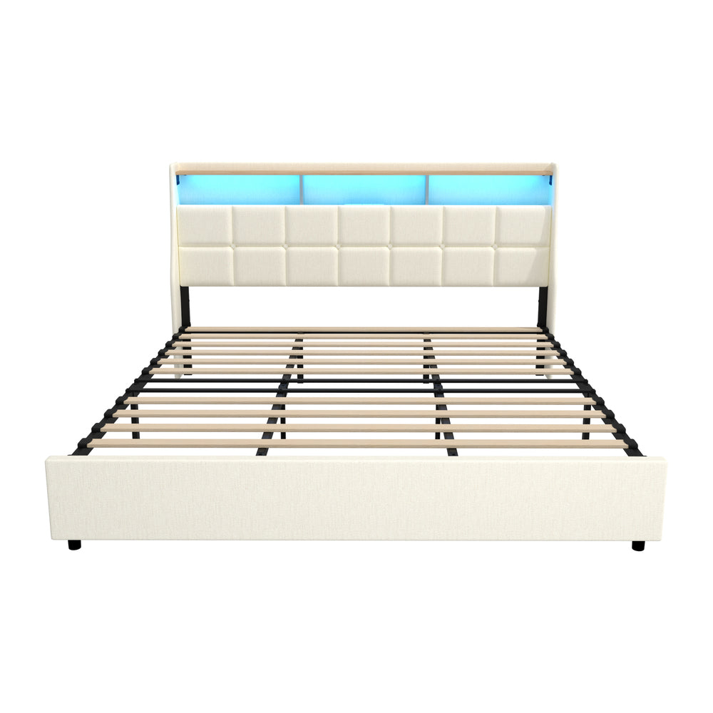 King Bed Frame with LED Storage Headboard Beige