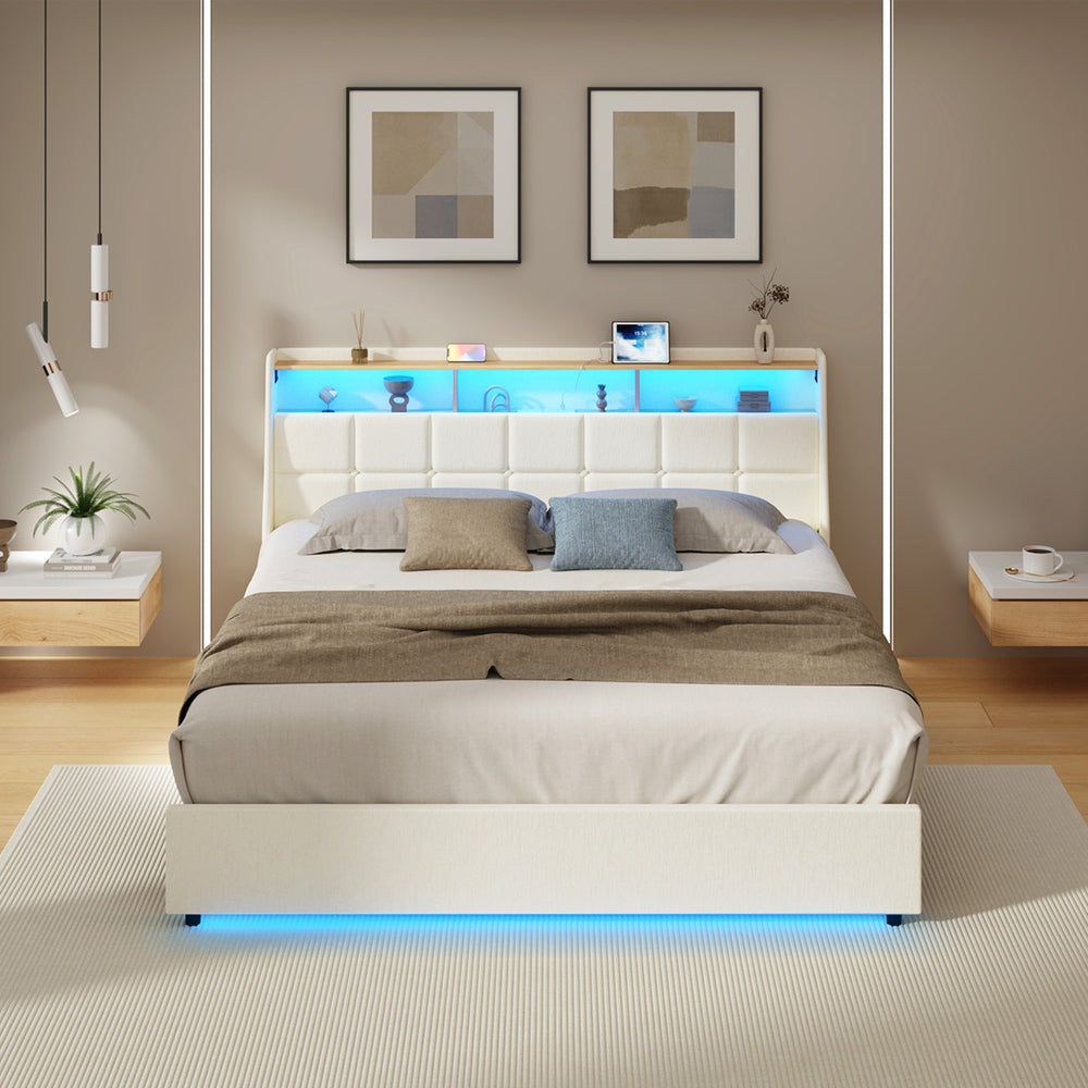 King Bed Frame with LED Storage Headboard Beige