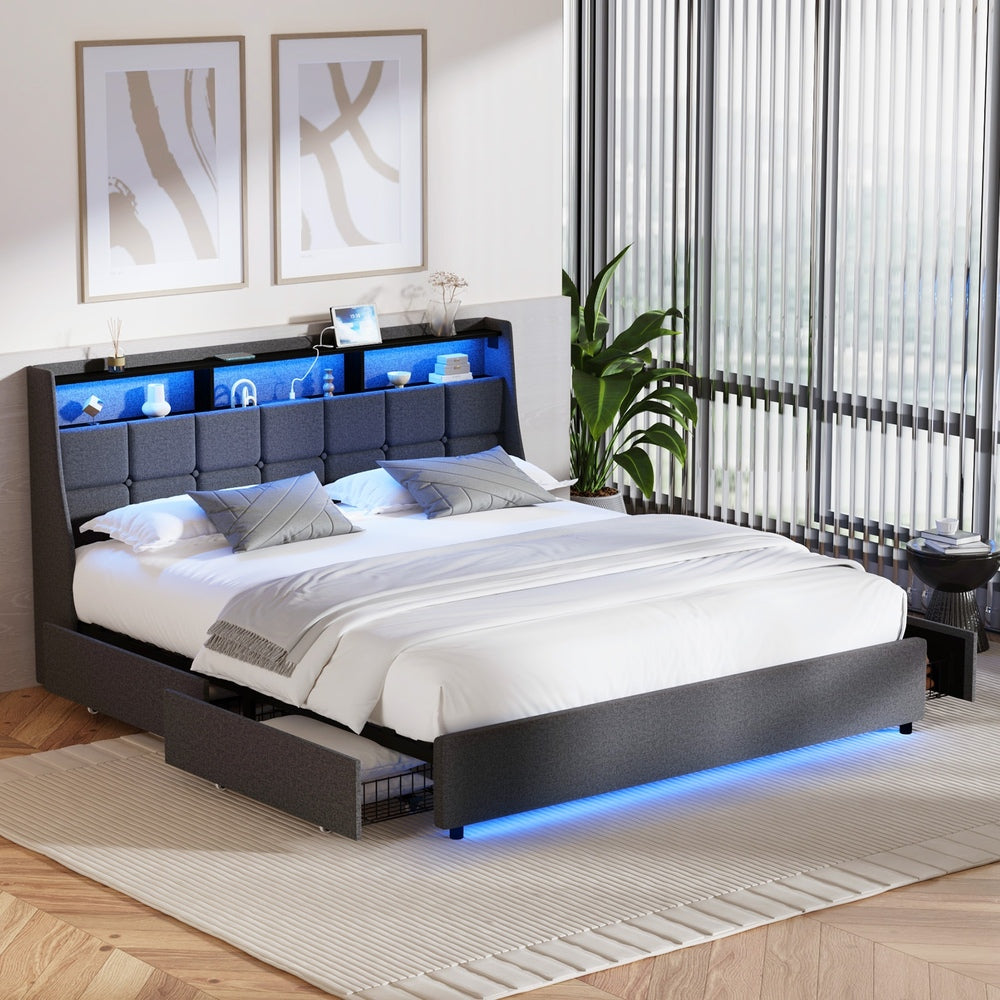 Double/King/Queen Bed Frame With Headboard RGB LED Lights USB Charging Drawer