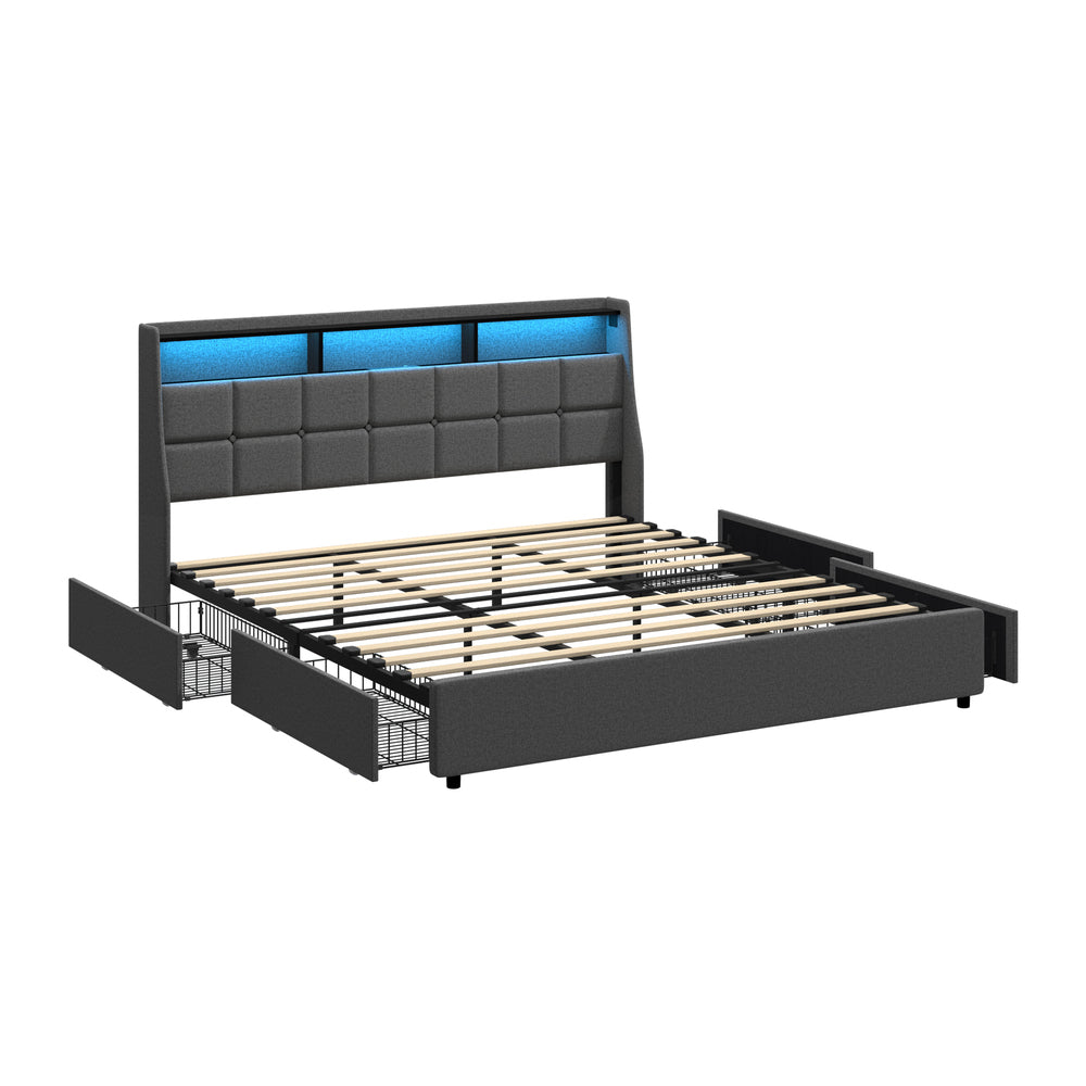 Double/King/Queen Bed Frame With Headboard RGB LED Lights USB Charging Drawer