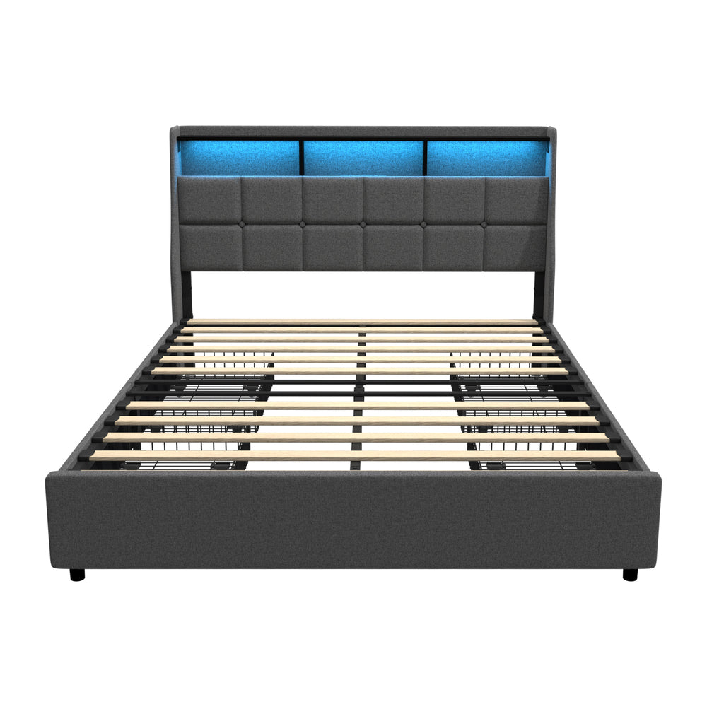 Double/King/Queen Bed Frame With Headboard RGB LED Lights USB Charging Drawer