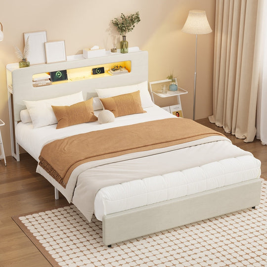 White Metal LED King Bed Frame
