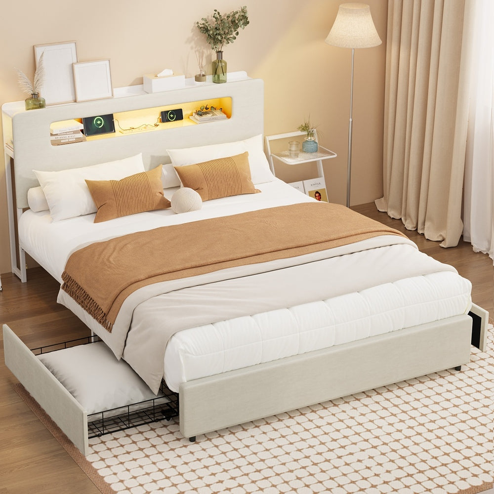 Double/Queen/King Bed Frame With 2 Drawers LED USB Charging Headboard Bedroom Furniture