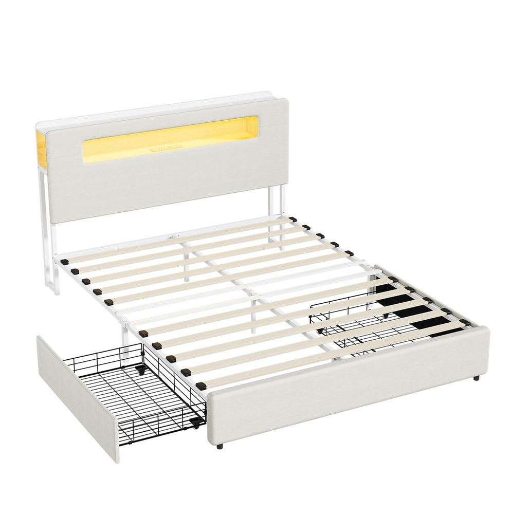 Double/Queen/King Bed Frame With 2 Drawers LED USB Charging Headboard Bedroom Furniture