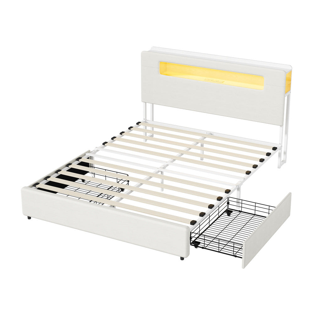 Double/Queen/King Bed Frame With 2 Drawers LED USB Charging Headboard Bedroom Furniture
