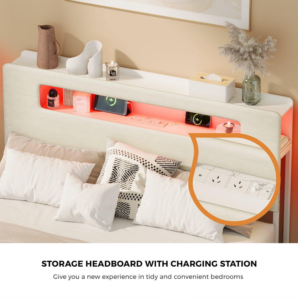 Double/Queen/King Bed Frame With 2 Drawers LED USB Charging Headboard Bedroom Furniture