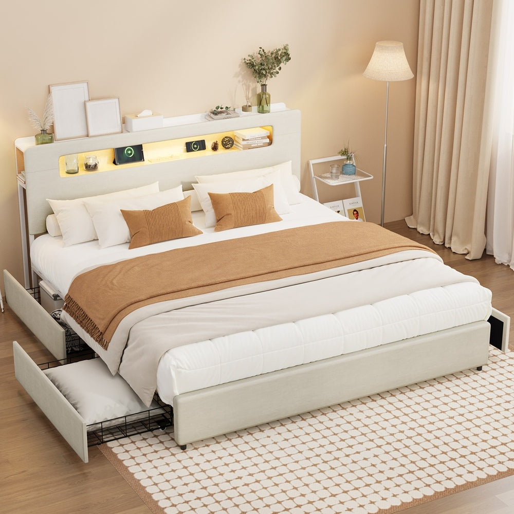 Double/Queen/King Bed Frame With 2 Drawers LED USB Charging Headboard Bedroom Furniture